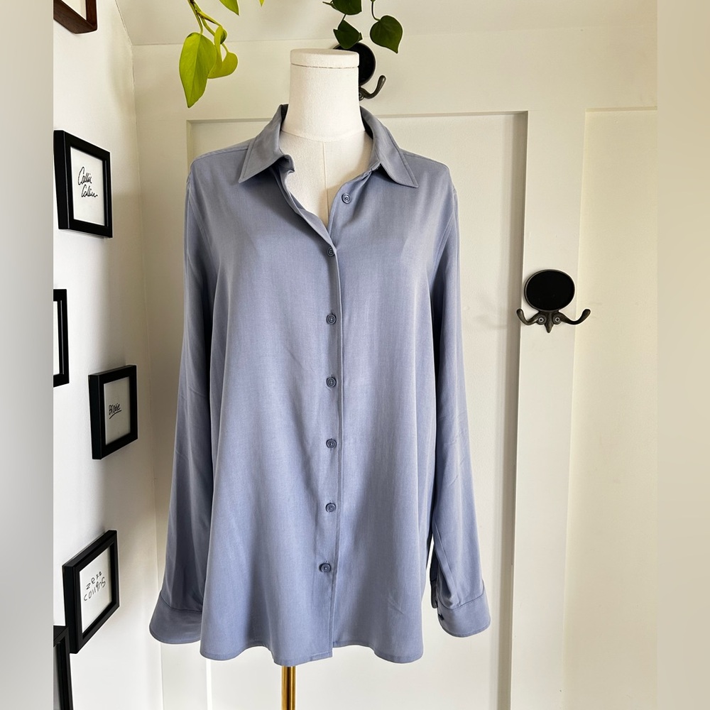 Silk Button Down Blouse Soft Blue French Minimal Classic - Picture 5 of 7
